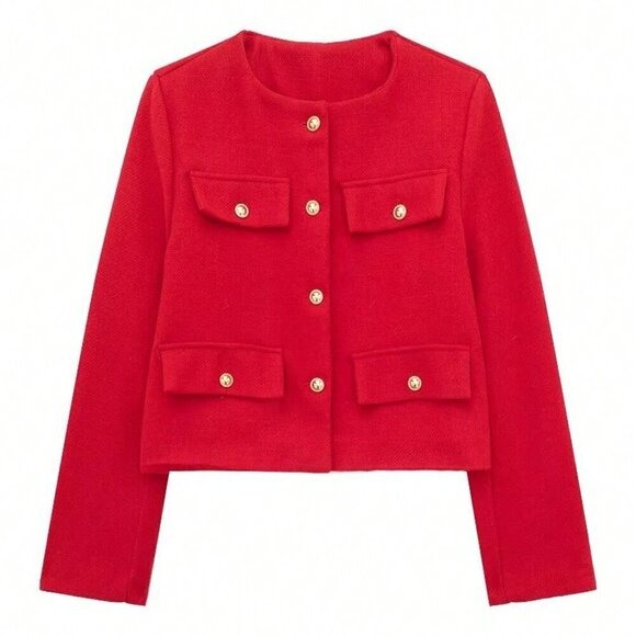 Red Elegant Women's Casual Tweed Jacket Decorated Long Sleeves Coat - Picture 2 of 8